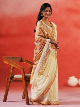 Aditri - Handloom Khadi Cotton Baluchari White Saree Without Blouse