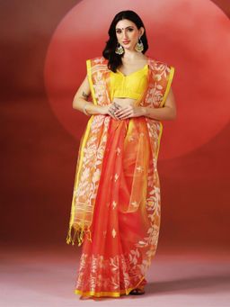 Aditri - Handloom Resham Silk Orange Saree Without Blouse