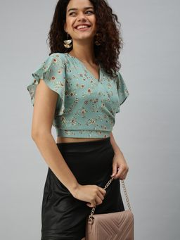 SHOWOFFFF - Women V-Neck Flare Sleeves Floral Green Crop Top