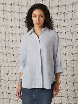 Hubberholme - Womens Blue Striped Longline Regular Spread Collar Long Sleeve Shirt