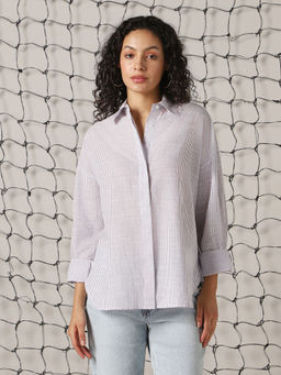 Hubberholme - Womens Purple Striped Longline Regular Spread Collar Long Sleeve Shirt