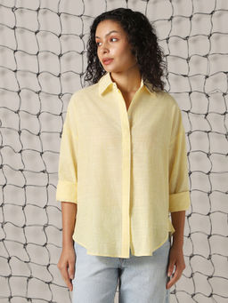 Hubberholme - Womens Yellow Striped Longline Regular Spread Collar Long Sleeve Shirt