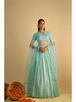 RAYASHA KHAN - Aqua Crystal Blue Silk Chiffon Blouse with Lehenga and Dupatta
