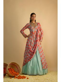 RAYASHA KHAN - Aqua Printed Georgette Long Kurta with Attached Drape and Lehenga
