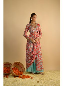 RAYASHA KHAN - Blue Printed Long Kurta with Attached Drape and Sharara
