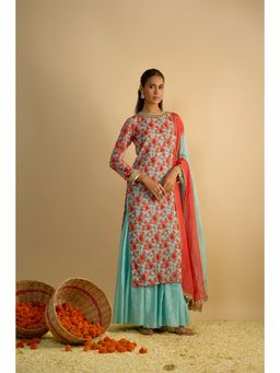 RAYASHA KHAN - Blue Printed Long Kurta with Sharara and Dupatta