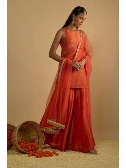 RAYASHA KHAN - Rust Silk Tissue Sharara with Kurti and Dupatta