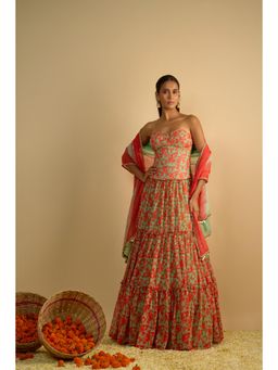 RAYASHA KHAN - Green Printed Georgette Corset Top with Lehenga and Dupatta