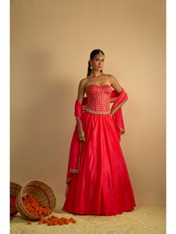 RAYASHA KHAN - Pink Crimson Blush Corset Top with Lehenga and Dupatta