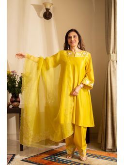 House of Inari - Yellow Kaner Embroidered Kurta with Salwar and Dupatta
