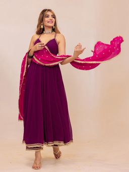 Label Aditi Hundia - Burgundy Ragini Anarkali with Palazzo and Dupatta