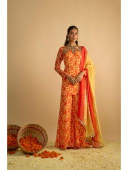 RAYASHA KHAN - Yellow Printed Short Kurti with Palazzo and Dupatta