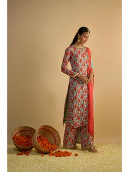 RAYASHA KHAN - Blue Printed Long Kurta with Palazzo and Dupatta