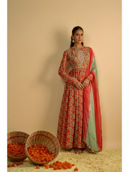 RAYASHA KHAN - Green Printed Georgette Hand Embroidered Anarkali with Dupatta