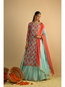 RAYASHA KHAN - Aqua Printed Georgette Long Kurta with Lehenga and Dupatta