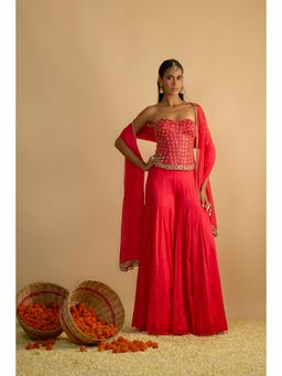 RAYASHA KHAN - Pink Crimson Blush Silk Chiffon Sharara with Corset Top and Dupatta