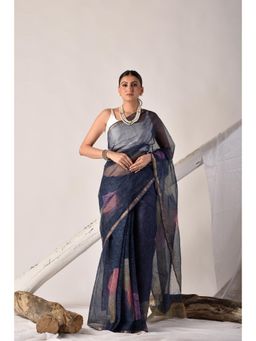 Sutra Attire - Blue Block Printed Pure Kota Doria Saree with Unstitched Blouse