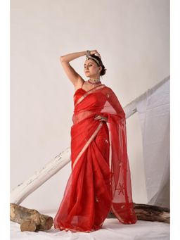 Sutra Attire - Red Kota Silk Hand Embroidered Saree with Unstitched Blouse
