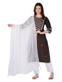 Zuri - Brown Embroidered Casual Cotton Kurta with Pant and Dupatta