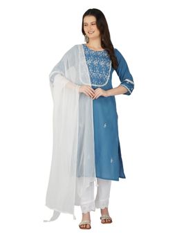 Zuri - Blue Embroidered Casual Cotton Kurta with Pant and Dupatta