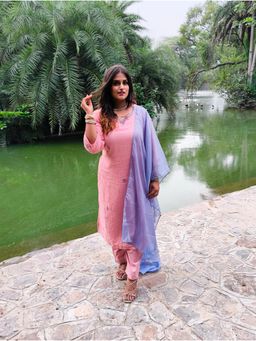 Zuri - Light Pink Cotton Gauze Embroidered Kurta with Pant and Dupatta