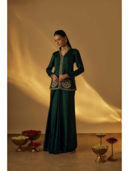 RAYASHA KHAN - Forest Green Satin Jacket with Drape Skirt