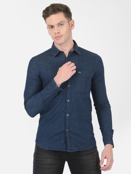 CRIMSOUNE CLUB - Men's Navy Blue Super-Slim Denim Shirt