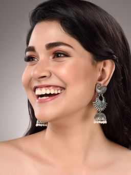 Saraf RS Jewellery - Silver Toned Peacock Design Oxidised Jhumka Earrings