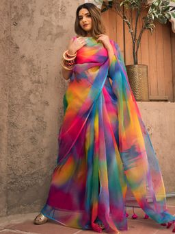 POMCHA - Rainbow Organza Printed Saree With Unstitched Blouse