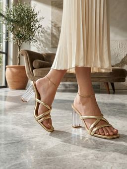Carlton London - Women Clear Block Heel Strappy Slip-On Sandal Heels - Gold
