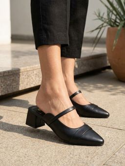 Carlton London - Women Pointed Toe Mary Jane Block Mules Sandal Heels - Black