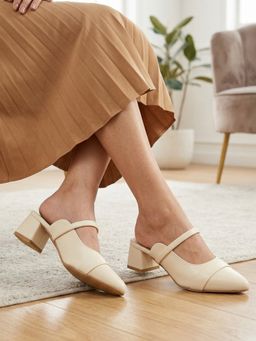 Carlton London - Women Pointed Toe Mary Jane Block Mules Sandal Heels - Cream