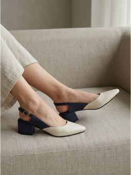 Carlton London - Women Pointed Toe Low Block Heel Slingback Sandals - Cream