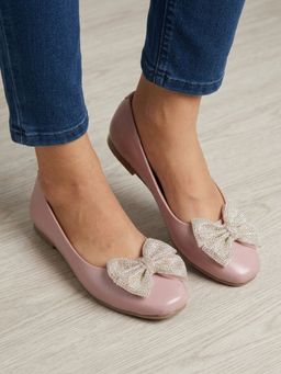 Iconics - Women Square Toe Ballet Flats With Embellished Rhinestone Bow Accent - Pink