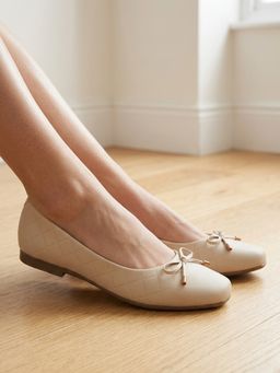 Iconics - Women Quilted Square Toe Ballet Flats With Classic Bow And Aglet Accents - Cream