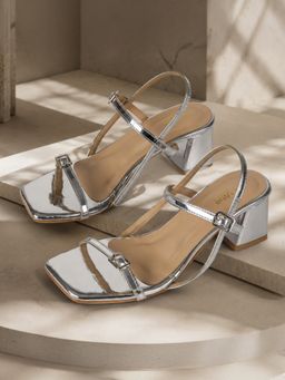 EZOK - Women Block Heel Strappy Silver Sandal.