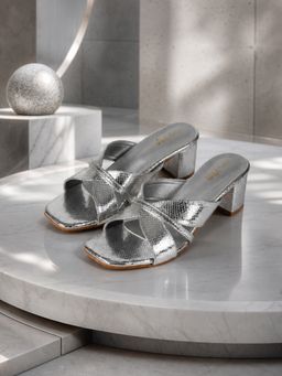EZOK - Women Block Heel Silver Sandal Heels