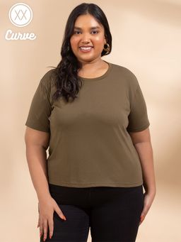 Twenty Dresses by Nykaa Fashion - Curve Olive Basic Mode Activated Basics Tshirt