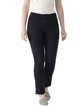 Xpose - Women Navy Blue Smart Straight Fit Solid Formal Trousers