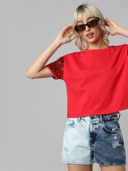 ONLY - Red Sequinned Sleeves Knit Top