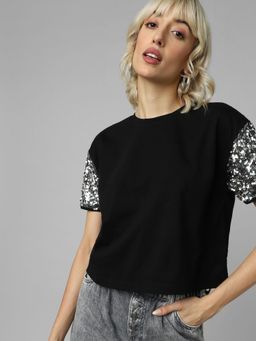 ONLY - Black Sequinned Sleeves Knit Top