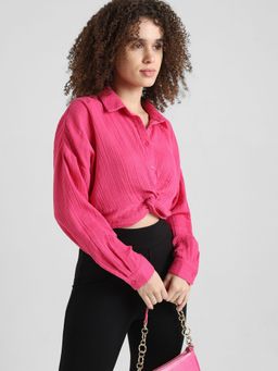ONLY - Pink Front Knot Cropped Shirt