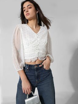 ONLY - White Cropped V-Neck Top