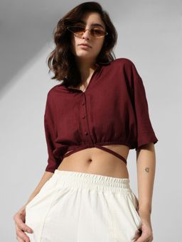 ONLY - Maroon Linen Cropped Shirt