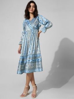 ONLY - Blue Printed Satin Wrap Dress