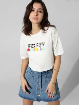 ONLY - White Bead-Decorated Cropped T-Shirt