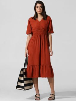 ONLY - Women Self Design Viscose Brown Midi Dress