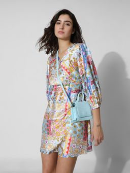 ONLY - Women Printed Polyester Above Knee Blue Wrap Dress