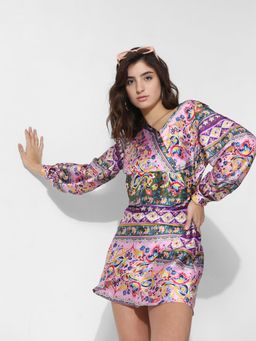 ONLY - Women Printed Polyester Above Knee Purple Wrap Dress