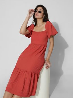 ONLY - Women Self Design Polyester Coral Midi Dress
